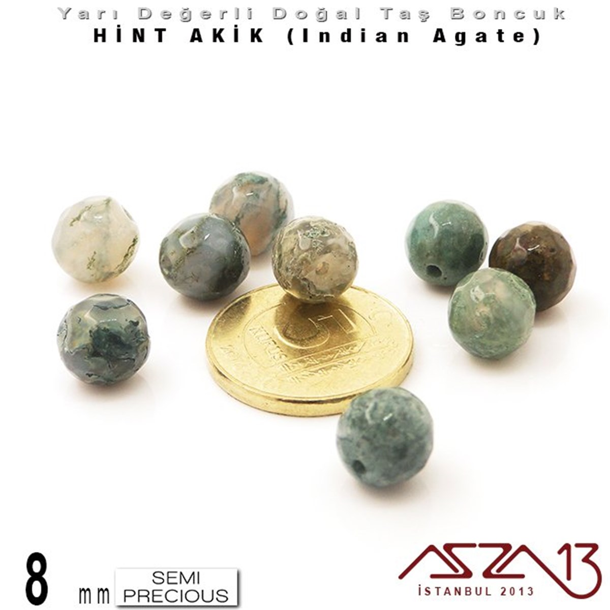 8 mm - Yuvarlak - Geodezik Yüzey - Hint Akik (Indian Agate) / 9 Adet