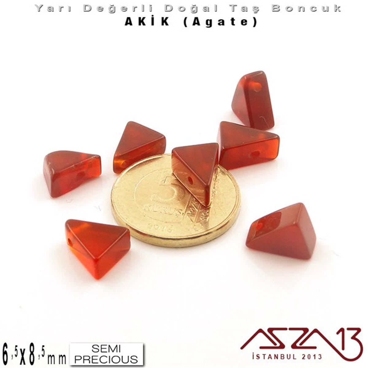 6,5x8,5 mm - Üçgen - Düz Yüzey - Akik (Agate) / 7 Adet
