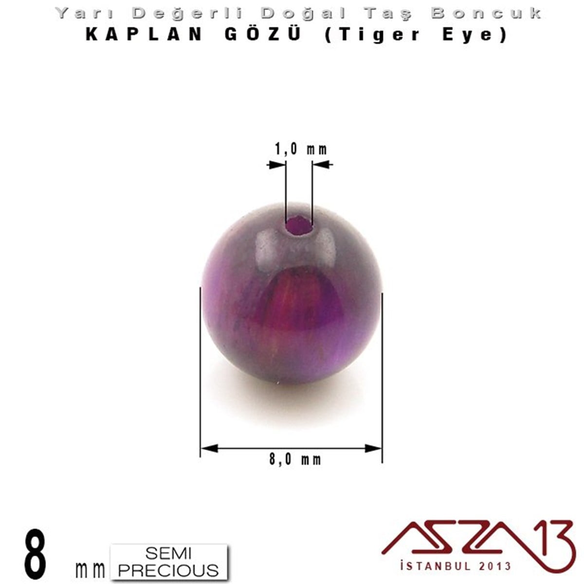 8 mm - Yuvarlak - Mor, Düz Yüzey - Kaplan Gözü (Tiger Eye) / 9 Adet