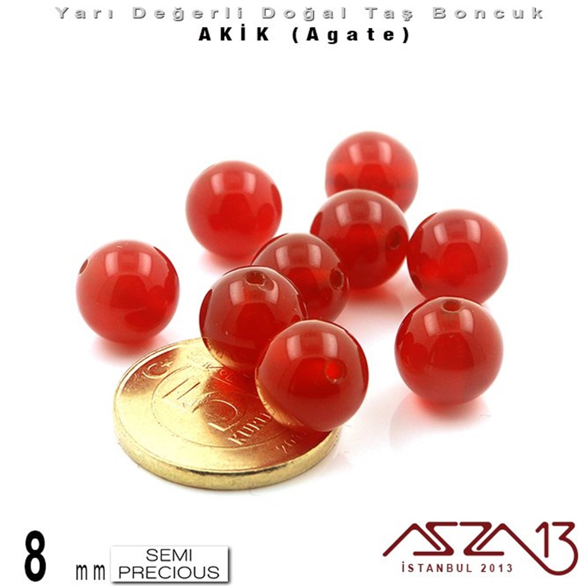 8 mm - Yuvarlak - Düz Yüzey - Akik (Agate) / 9 Adet