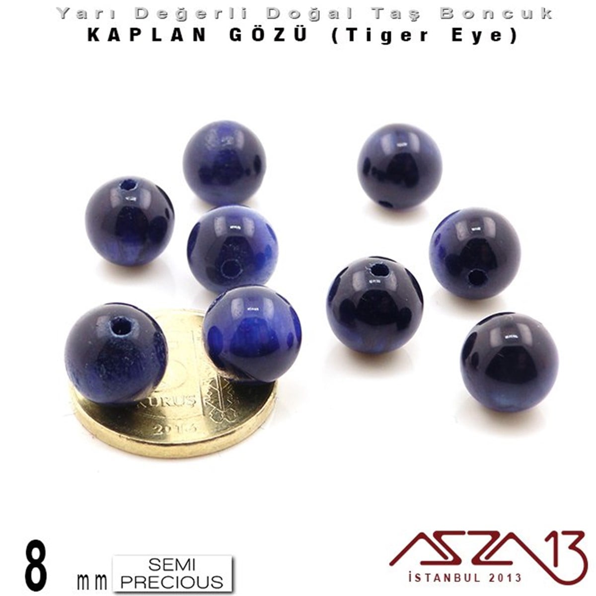 8 mm - Yuvarlak - K. Mavi, Düz Yüzey - Kaplan Gözü (Tiger Eye) / 9 Adet
