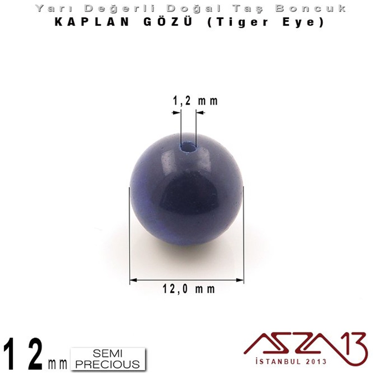 12 mm - Yuvarlak - K. Mavi, Düz Yüzey - Kaplan Gözü (Tiger Eye) / 5 Adet