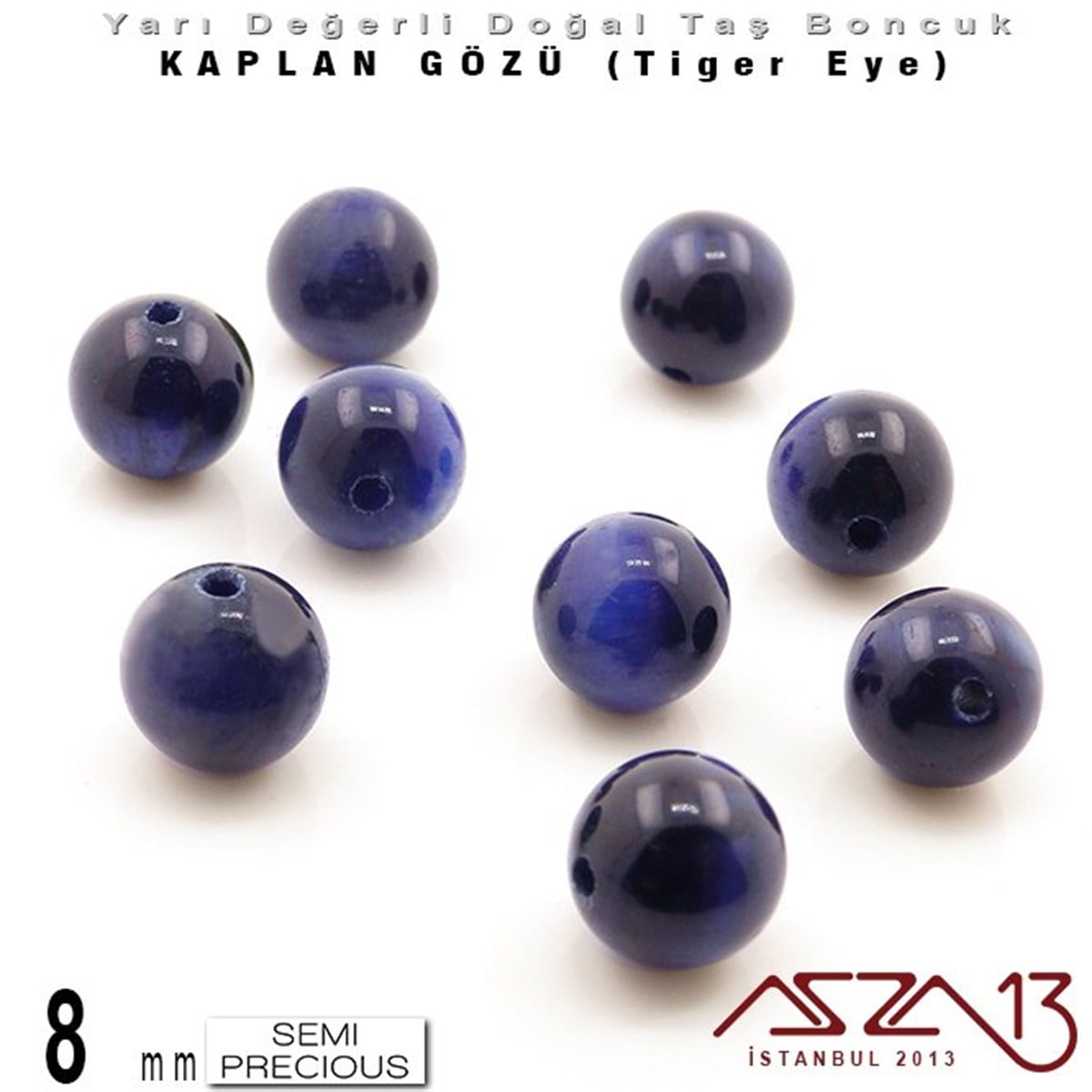 8 mm - Yuvarlak - K. Mavi, Düz Yüzey - Kaplan Gözü (Tiger Eye) / 9 Adet
