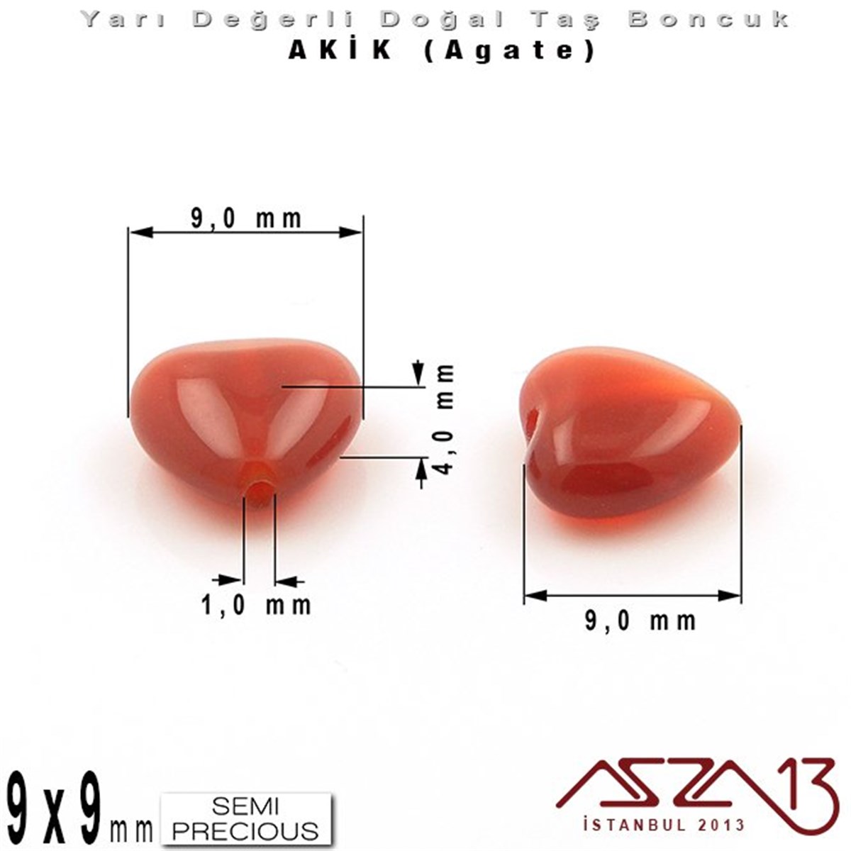 9x9 mm - Kalp - Düz Yüzey - Akik (Agate) / 9 Adet