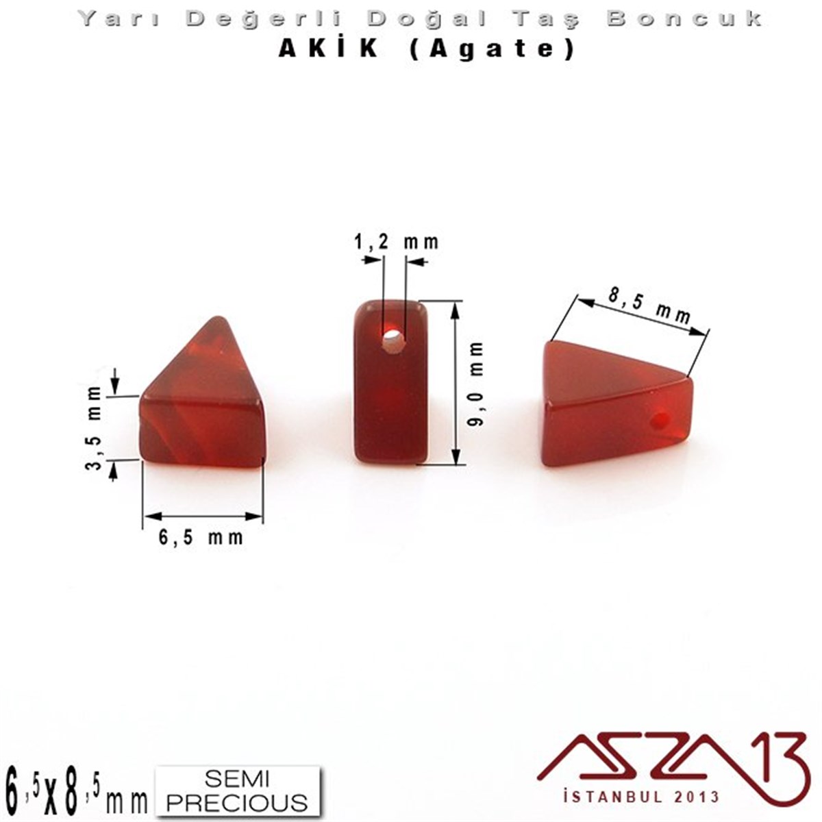 6,5x8,5 mm - Üçgen - Düz Yüzey - Akik (Agate) / 7 Adet