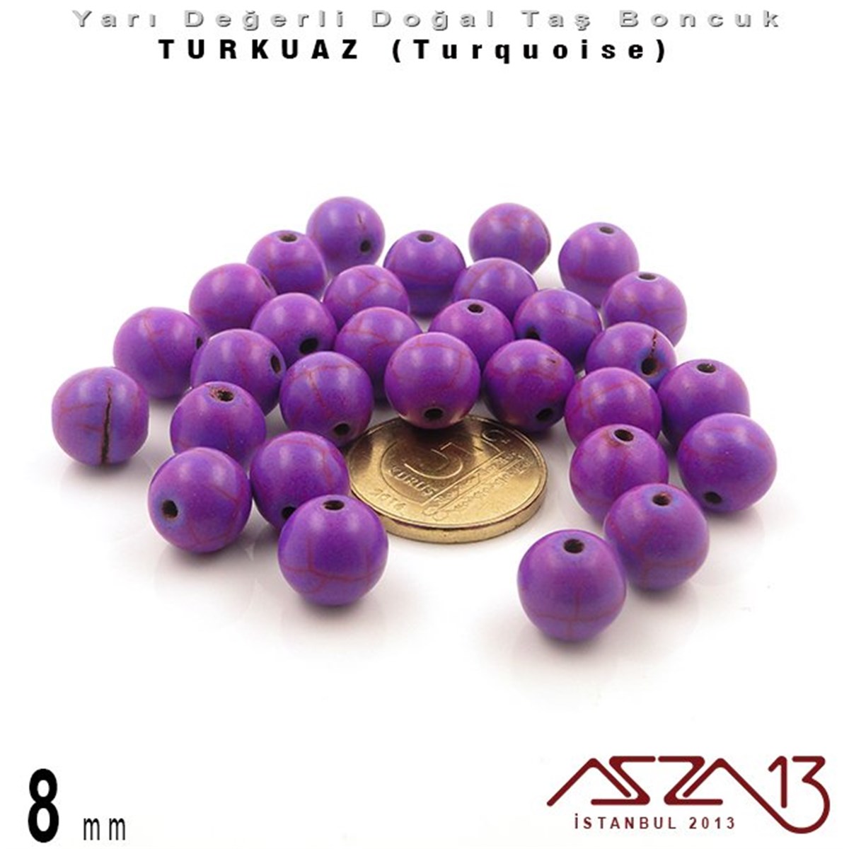 8 mm - Yuvarlak - Düz Yüzey - Mor Turkuaz (Turquoise) / 30 Adet