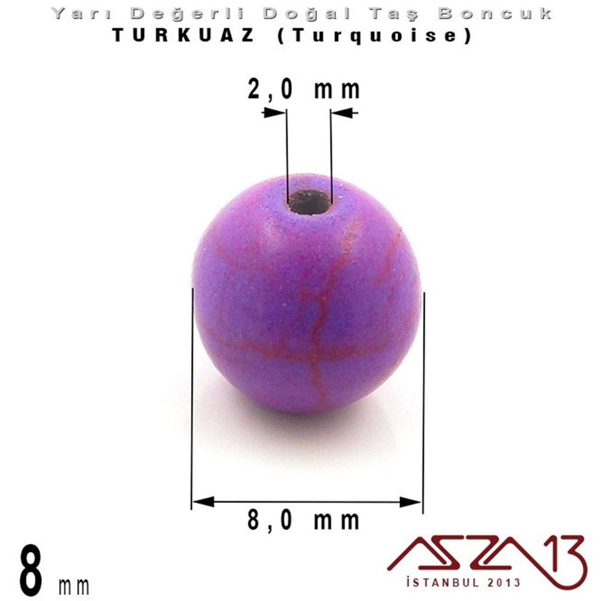 8 mm - Yuvarlak - Düz Yüzey - Mor Turkuaz (Turquoise) / 30 Adet