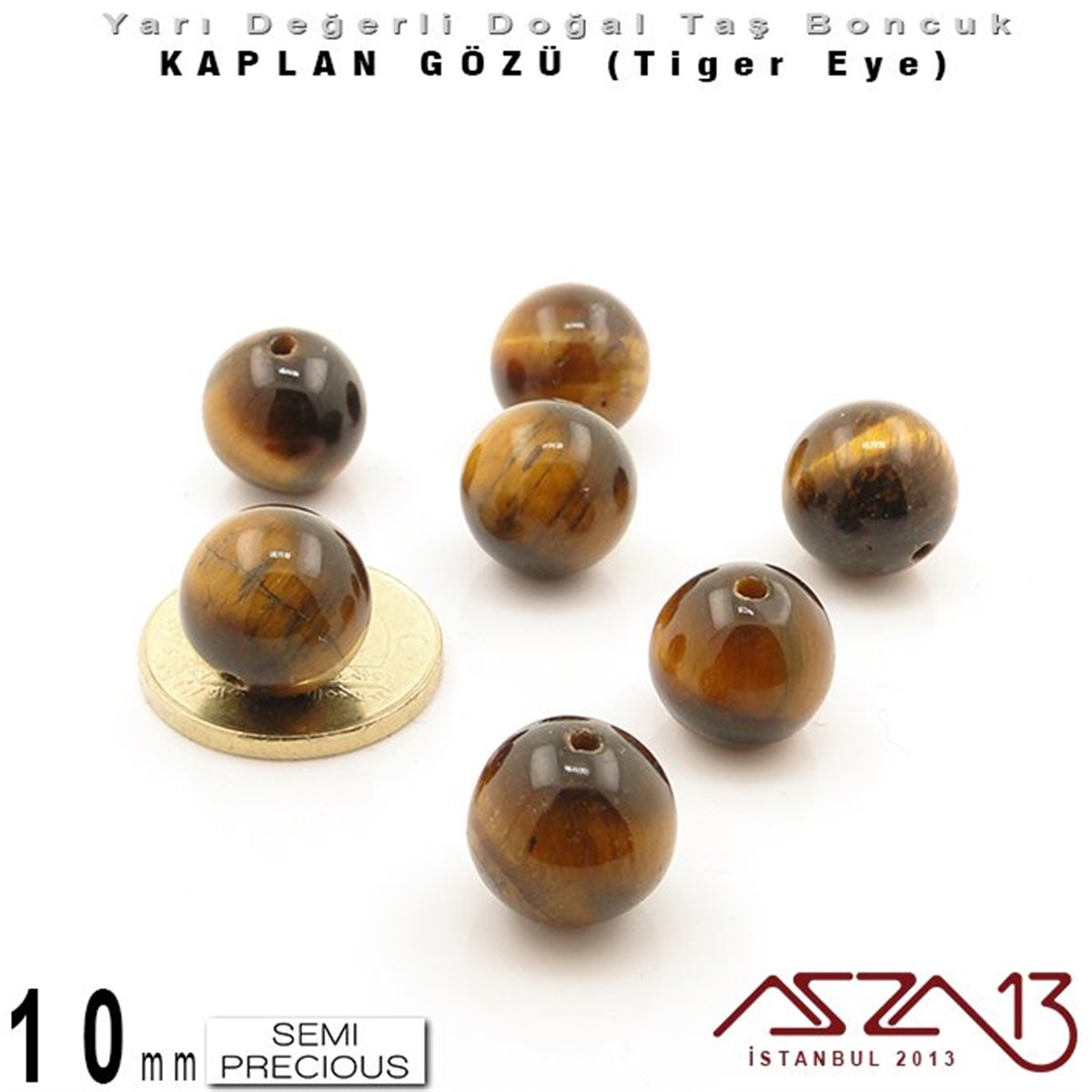 10 mm - Yuvarlak - Kahve, Düz Yüzey - Kaplan Gözü (Tiger Eye) / 7 Adet