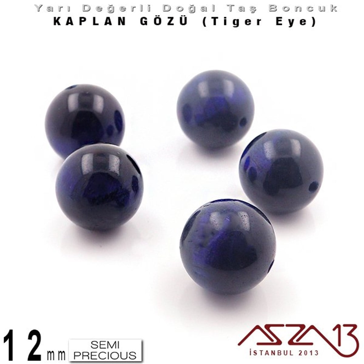 12 mm - Yuvarlak - K. Mavi, Düz Yüzey - Kaplan Gözü (Tiger Eye) / 5 Adet