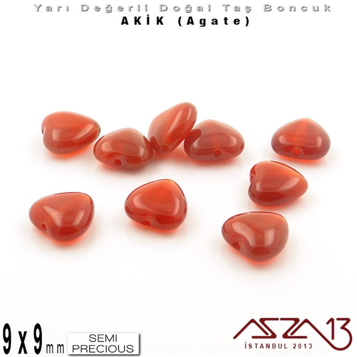 9x9 mm - Kalp - Düz Yüzey - Akik (Agate) / 9 Adet