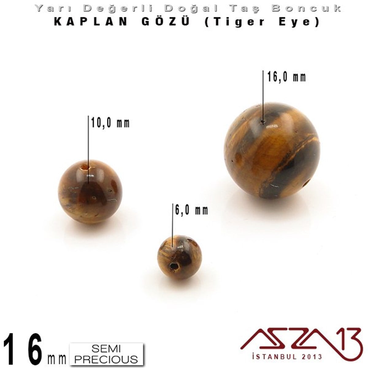 16 mm - Yuvarlak - Kahve, Düz Yüzey - Kaplan Gözü (Tiger Eye) / 3 Adet