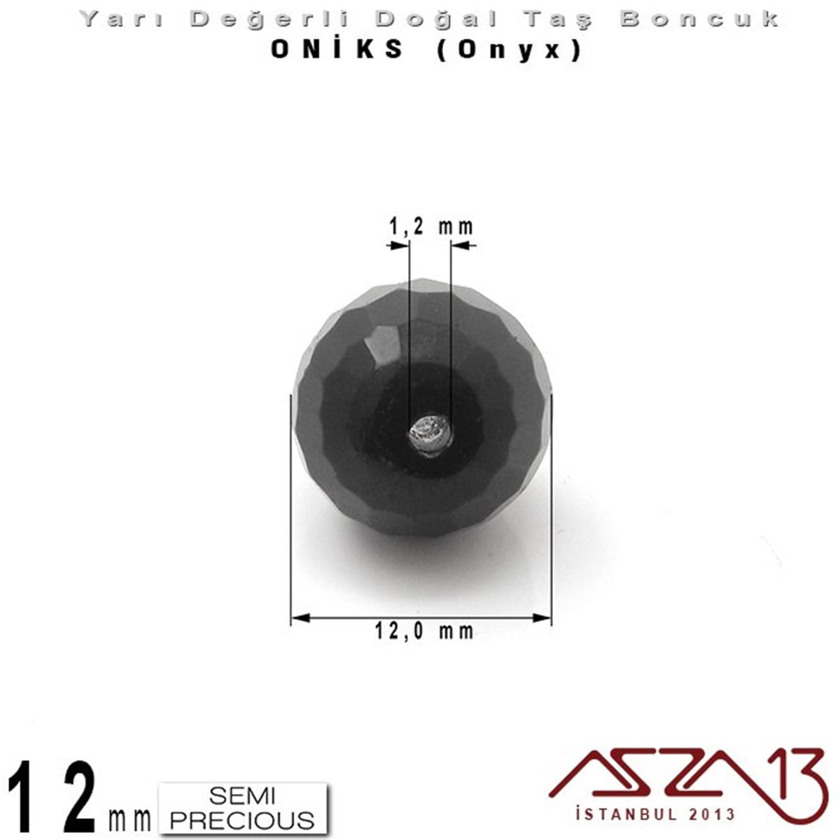 12 mm - Yuvarlak, Parlak - Geodezik Yüzey - Oniks (Onyx) / 5 Adet