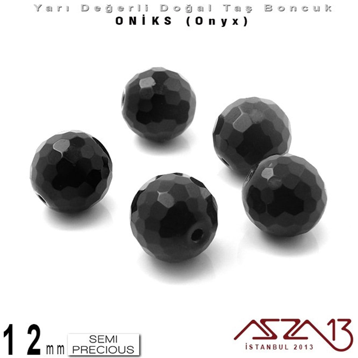 12 mm - Yuvarlak, Parlak - Geodezik Yüzey - Oniks (Onyx) / 5 Adet