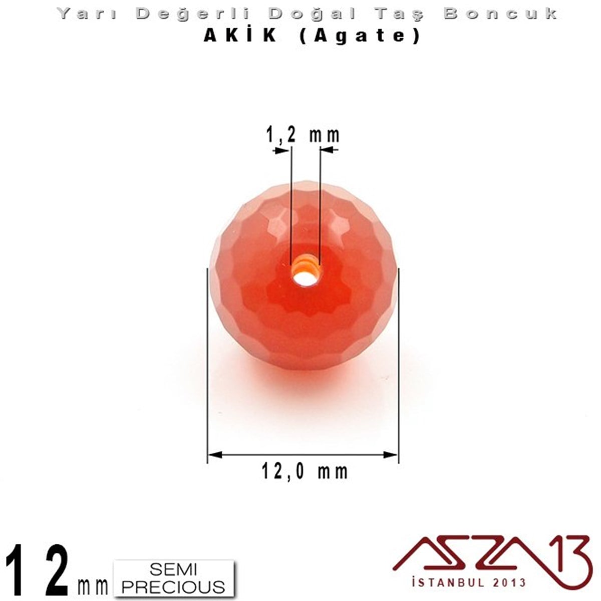 12 mm - Yuvarlak - Geodezik Yüzey - Akik (Agate) / 5 Adet