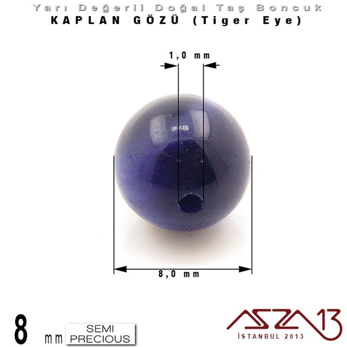 8 mm - Yuvarlak - K. Mavi, Düz Yüzey - Kaplan Gözü (Tiger Eye) / 9 Adet