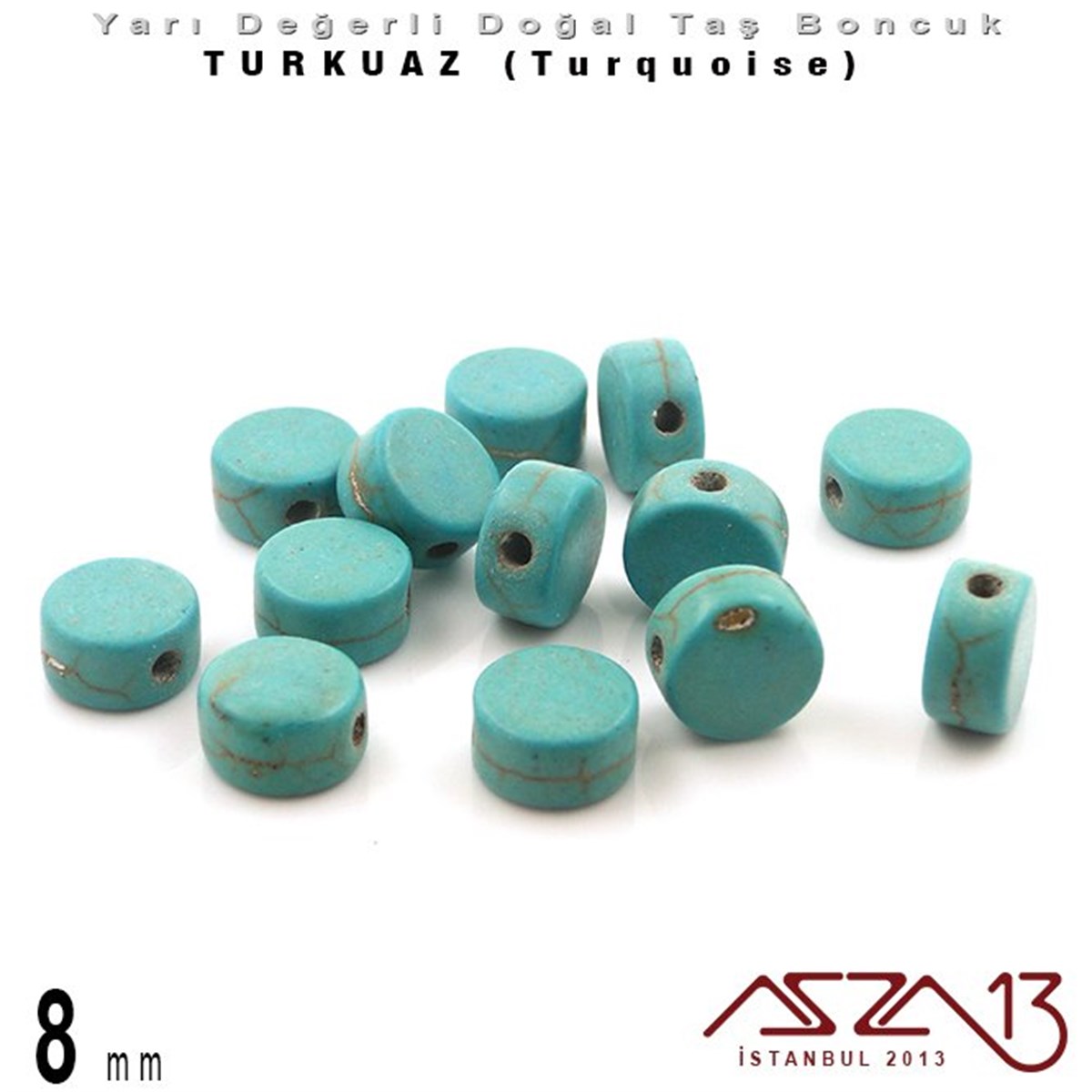 8 mm - Disk - Düz Yüzey - Turkuaz (Turquoise) Boncuk / 13 Adet