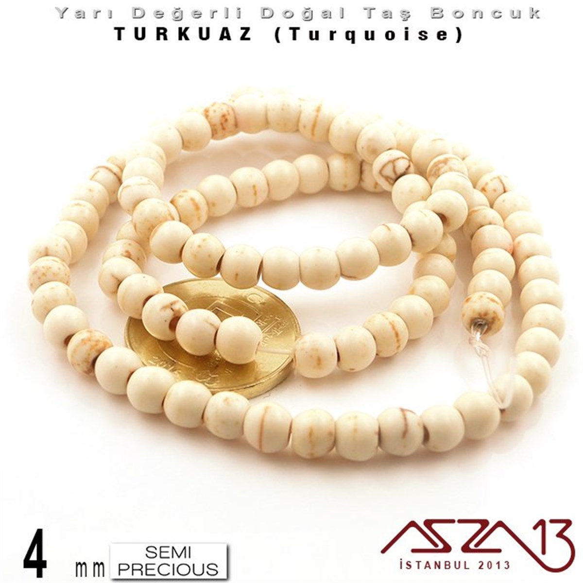 4 mm - Yuvarlak - Düz Yüzey - Beyaz Turkuaz (Turquoise) / 111 Adet
