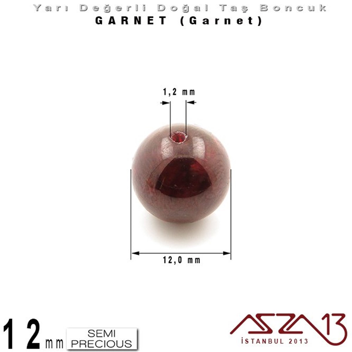 12 mm - Yuvarlak - Düz Yüzey - Garnet (Garnet) / 5 Adet