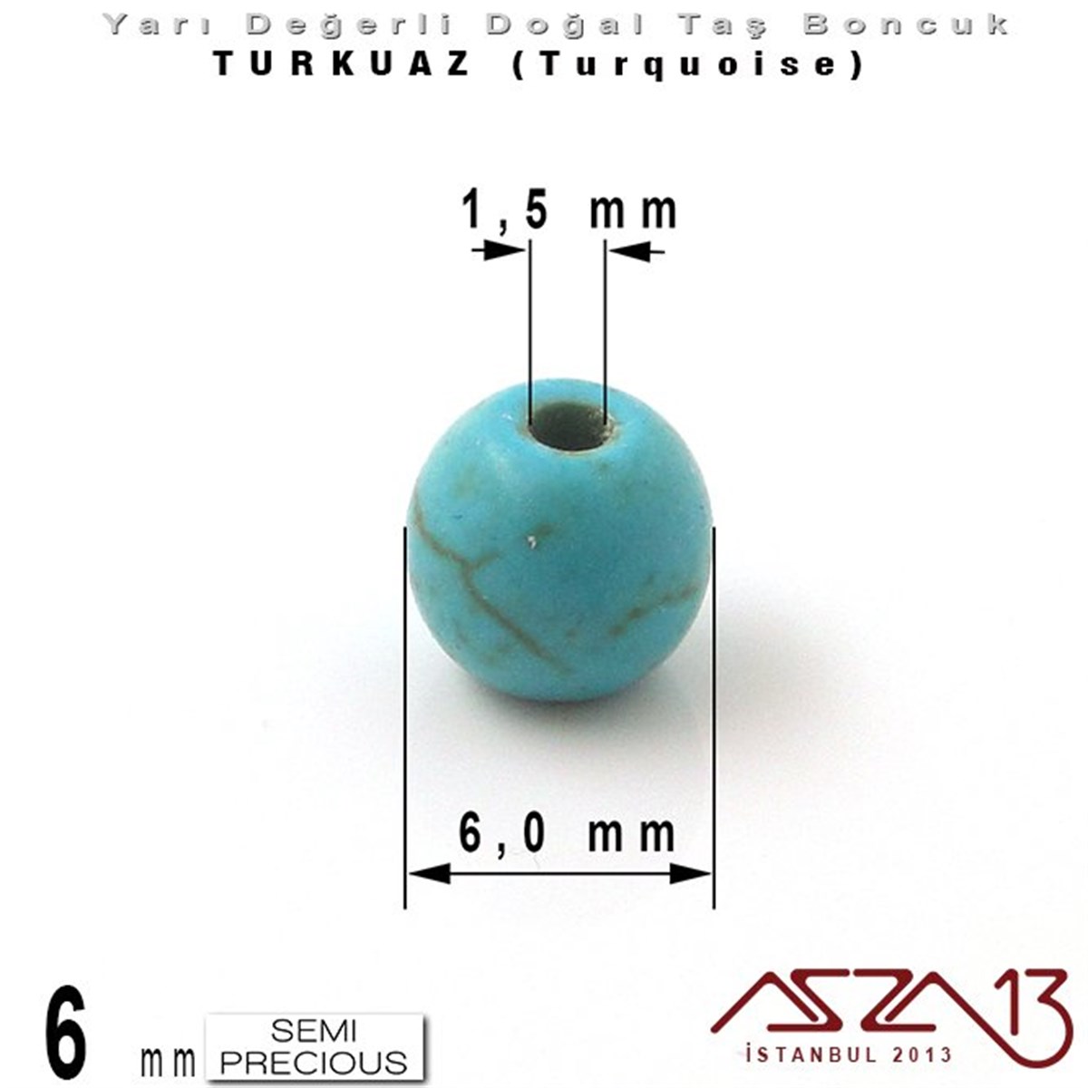 6 mm - Yuvarlak - Düz Yüzey - Mavi Turkuaz (Turquoise) / 40 Adet