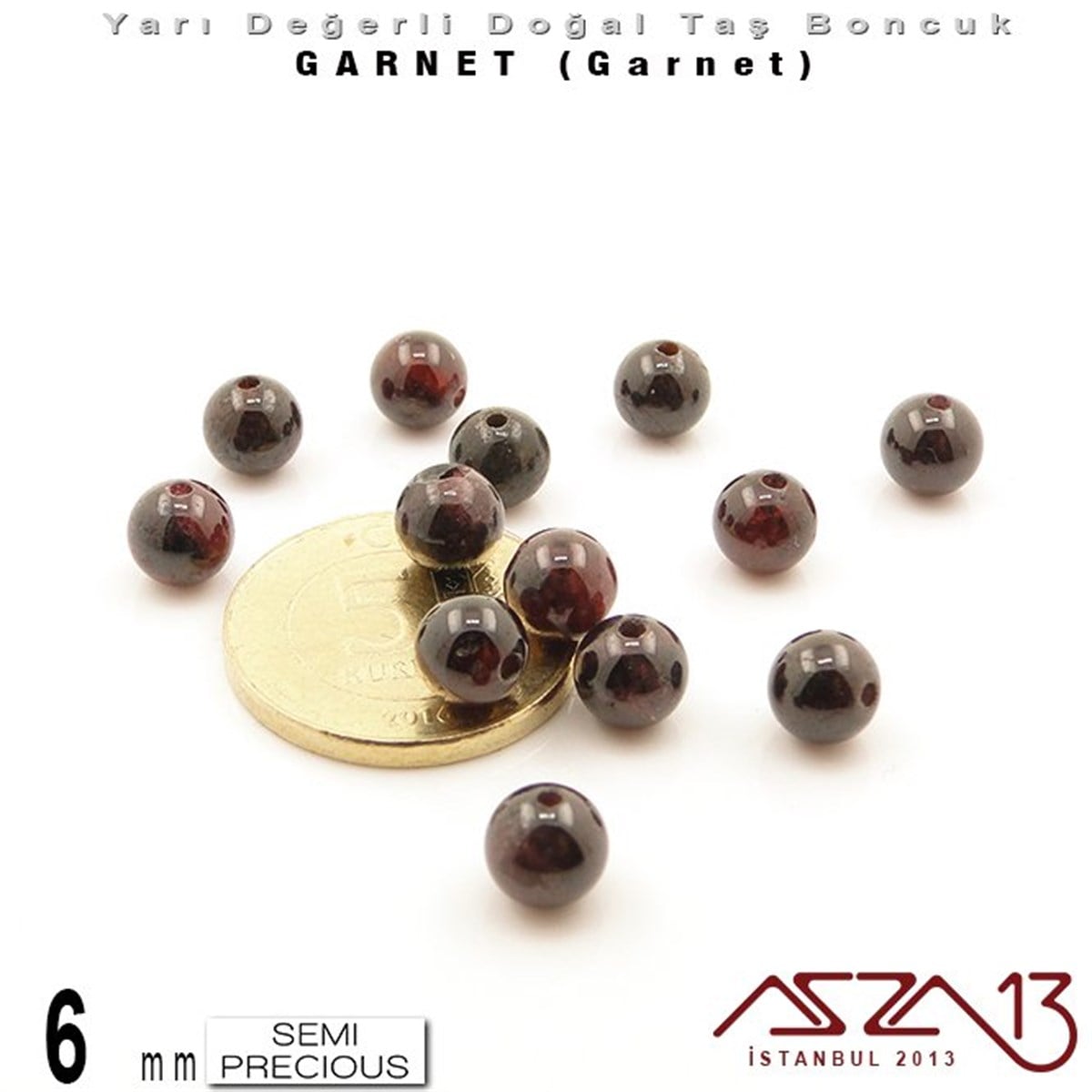 6 mm - Yuvarlak - Düz Yüzey - Garnet (Garnet) / 13 Adet