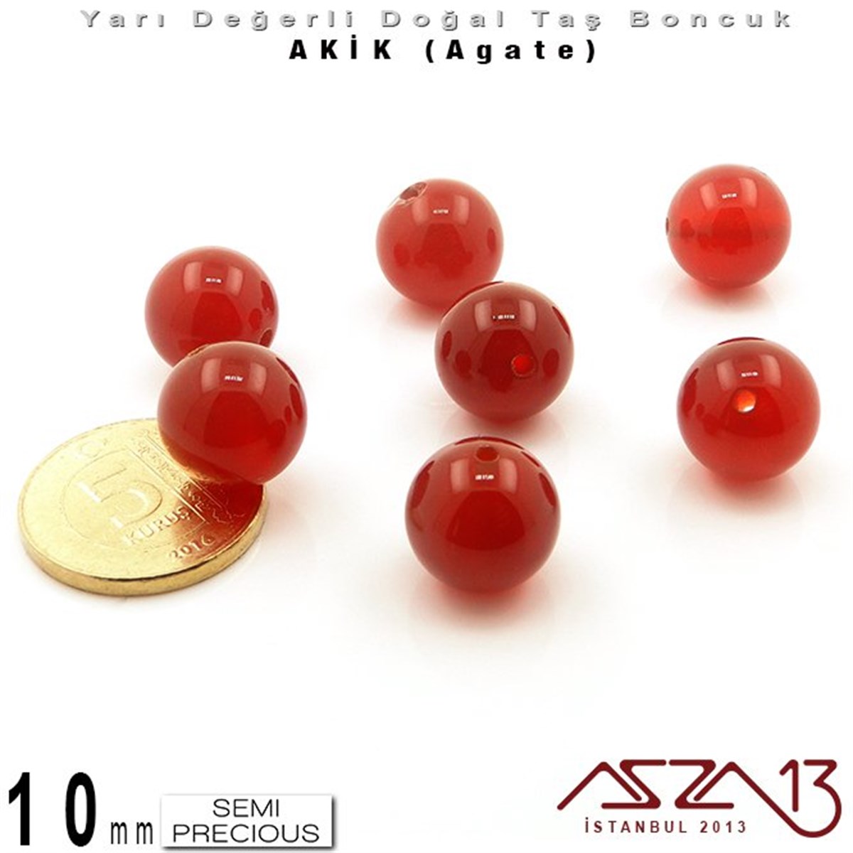 10 mm - Yuvarlak - Düz Yüzey - Akik (Agate) / 7 Adet