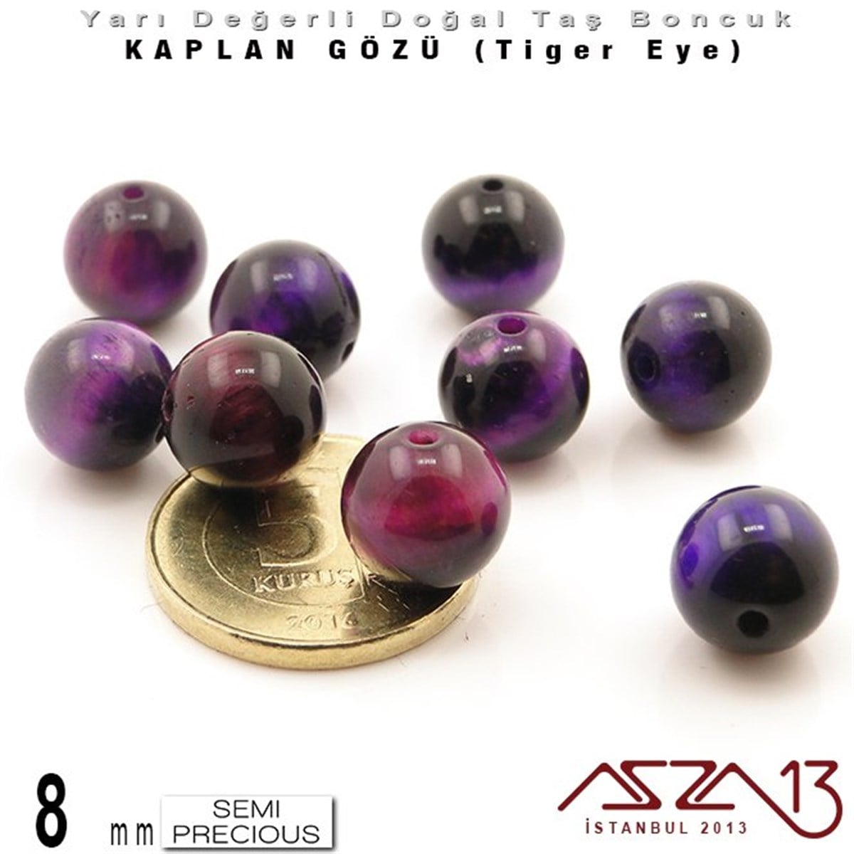 8 mm - Yuvarlak - Mor, Düz Yüzey - Kaplan Gözü (Tiger Eye) / 9 Adet