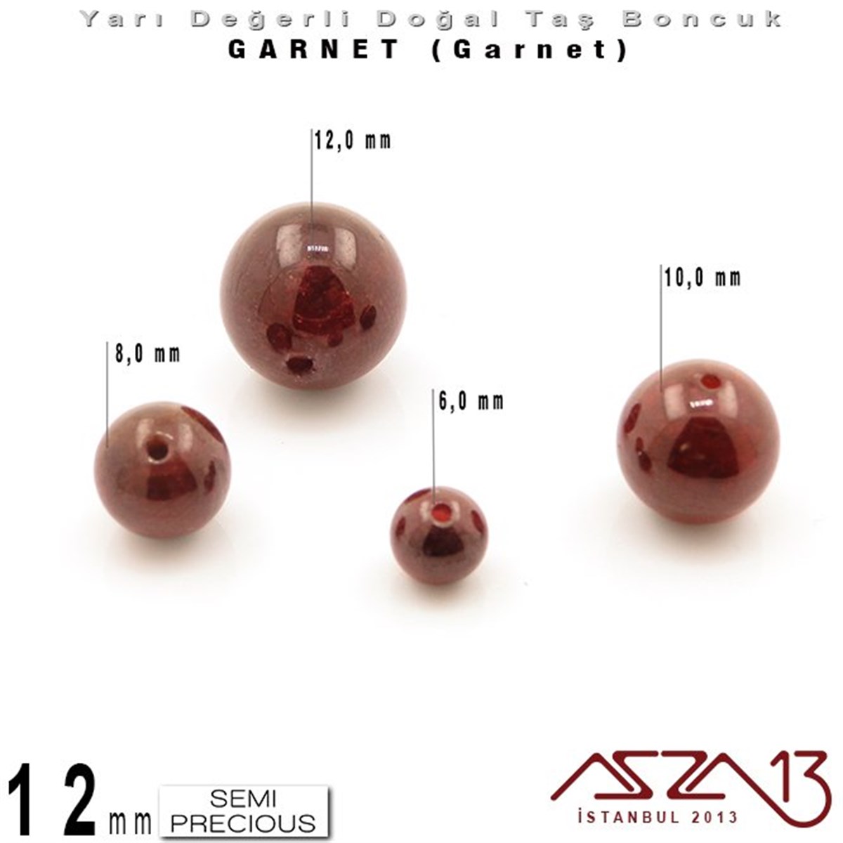 12 mm - Yuvarlak - Düz Yüzey - Garnet (Garnet) / 5 Adet