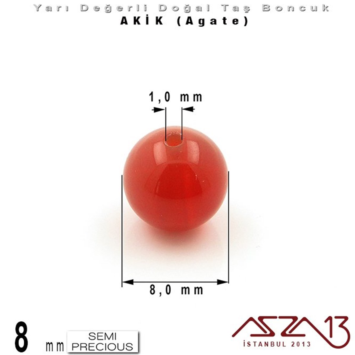8 mm - Yuvarlak - Düz Yüzey - Akik (Agate) / 9 Adet