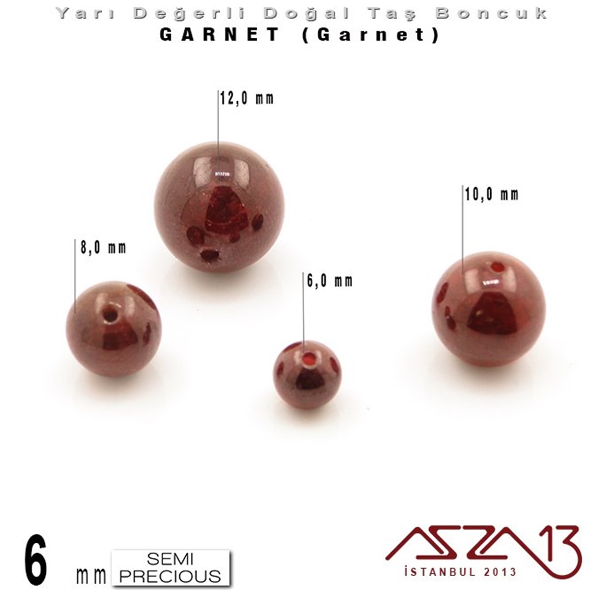 6 mm - Yuvarlak - Düz Yüzey - Garnet (Garnet) / 13 Adet