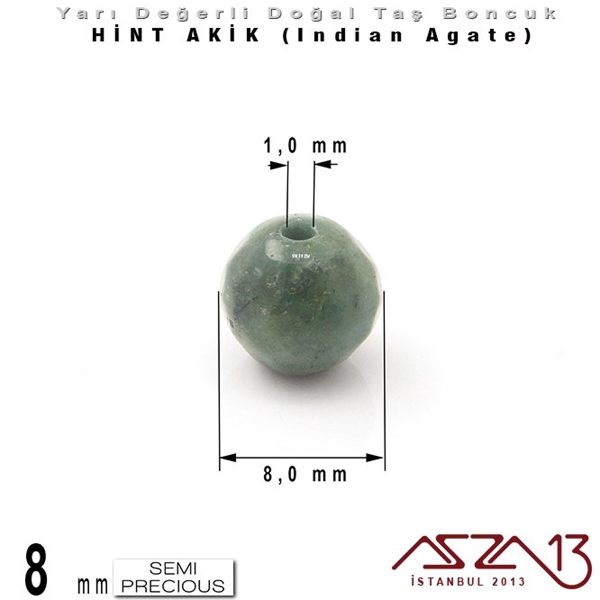 8 mm - Yuvarlak - Geodezik Yüzey - Hint Akik (Indian Agate) / 9 Adet