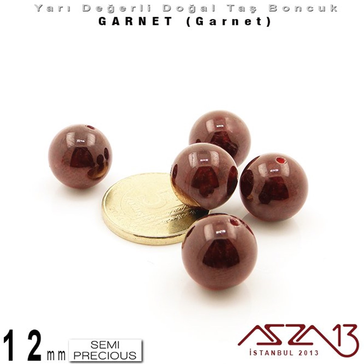 12 mm - Yuvarlak - Düz Yüzey - Garnet (Garnet) / 5 Adet