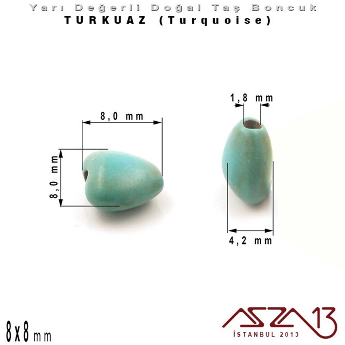 8x8 mm - Kalp - Düz Yüzey - Turkuaz (Turquoise) Boncuk / 13 Adet
