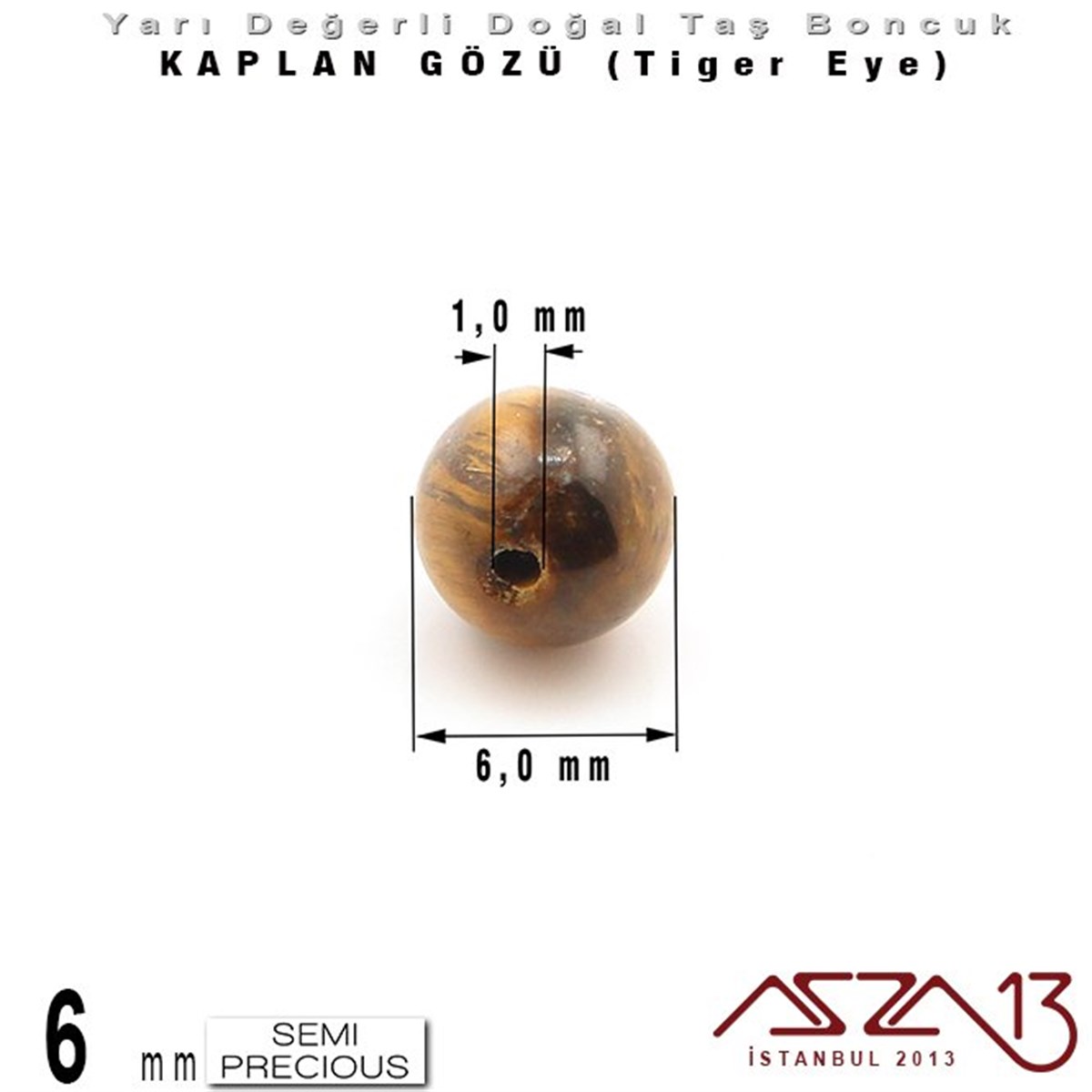 6 mm - Yuvarlak - Kahve, Düz Yüzey - Kaplan Gözü (Tiger Eye) / 13 Adet