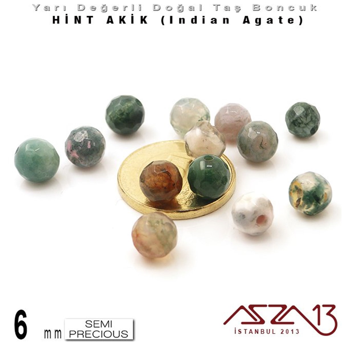 6 mm - Yuvarlak - Geodezik Yüzey - Hint Akik (Indian Agate) / 13 Adet