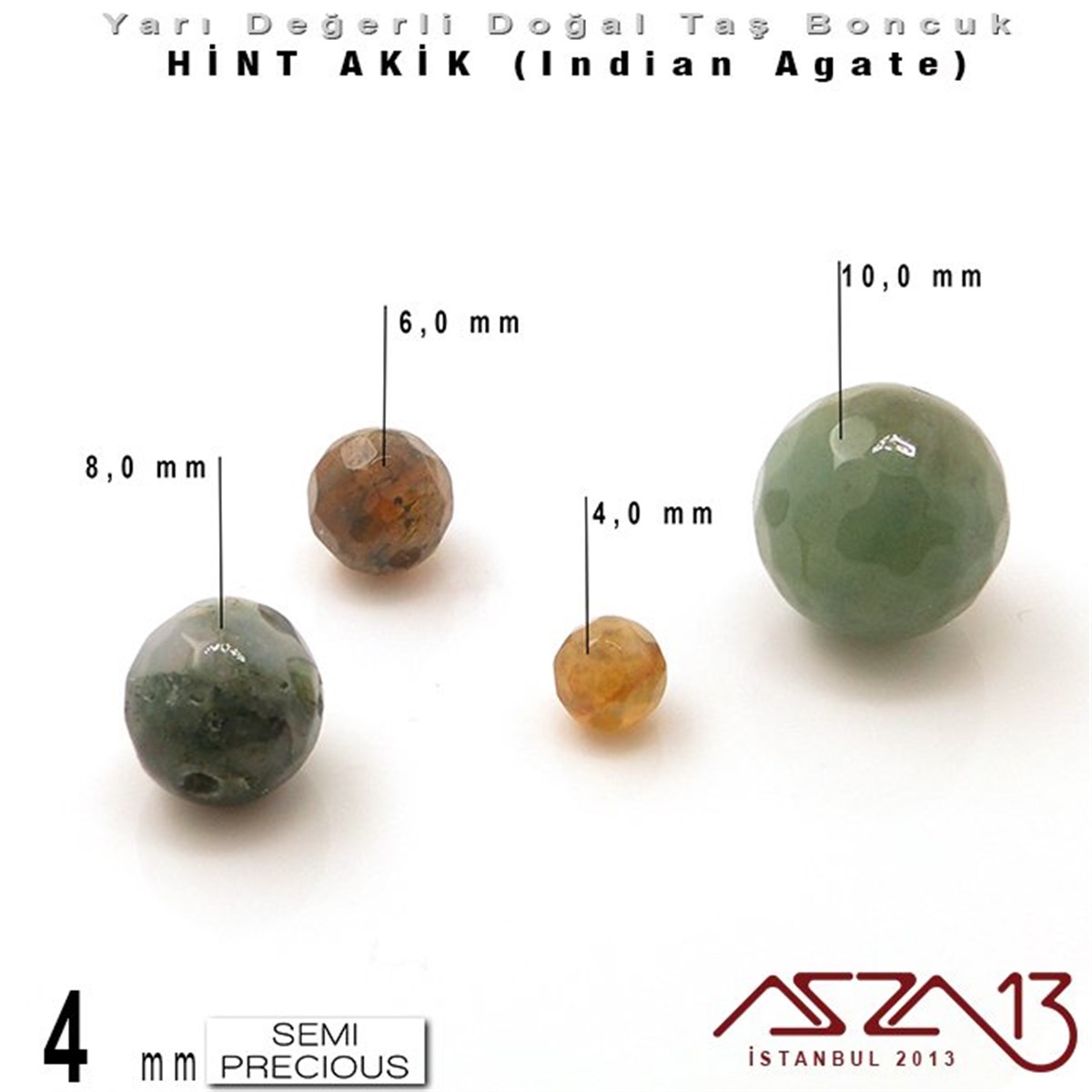 4 mm - Yuvarlak - Geodezik Yüzey - Hint Akik (Indian Agate) / 34 Adet