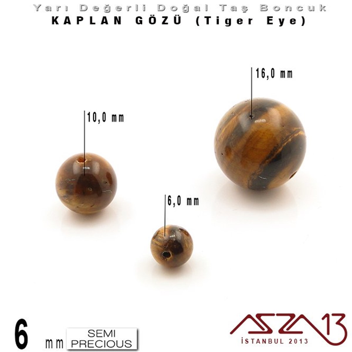 6 mm - Yuvarlak - Kahve, Düz Yüzey - Kaplan Gözü (Tiger Eye) / 13 Adet
