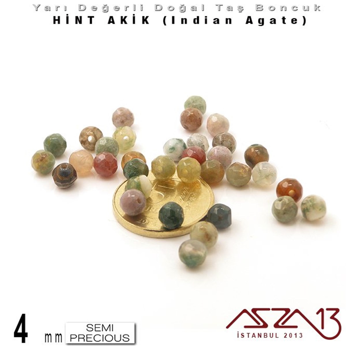 4 mm - Yuvarlak - Geodezik Yüzey - Hint Akik (Indian Agate) / 34 Adet