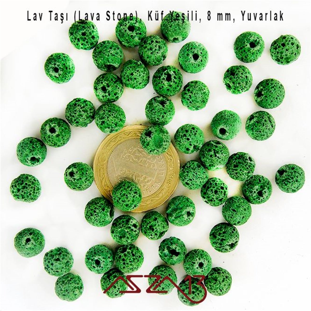 50 Adet / 8 mm,  Gözenekli Yüzey Küf Yeşili Lav Taşı
