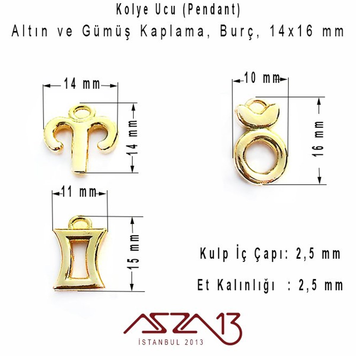 Rodyum ve 18K Altın Kaplama Koç-Boğa-İkizler Burç Kolye Ucu / Paket İçeriği 1 Adet
