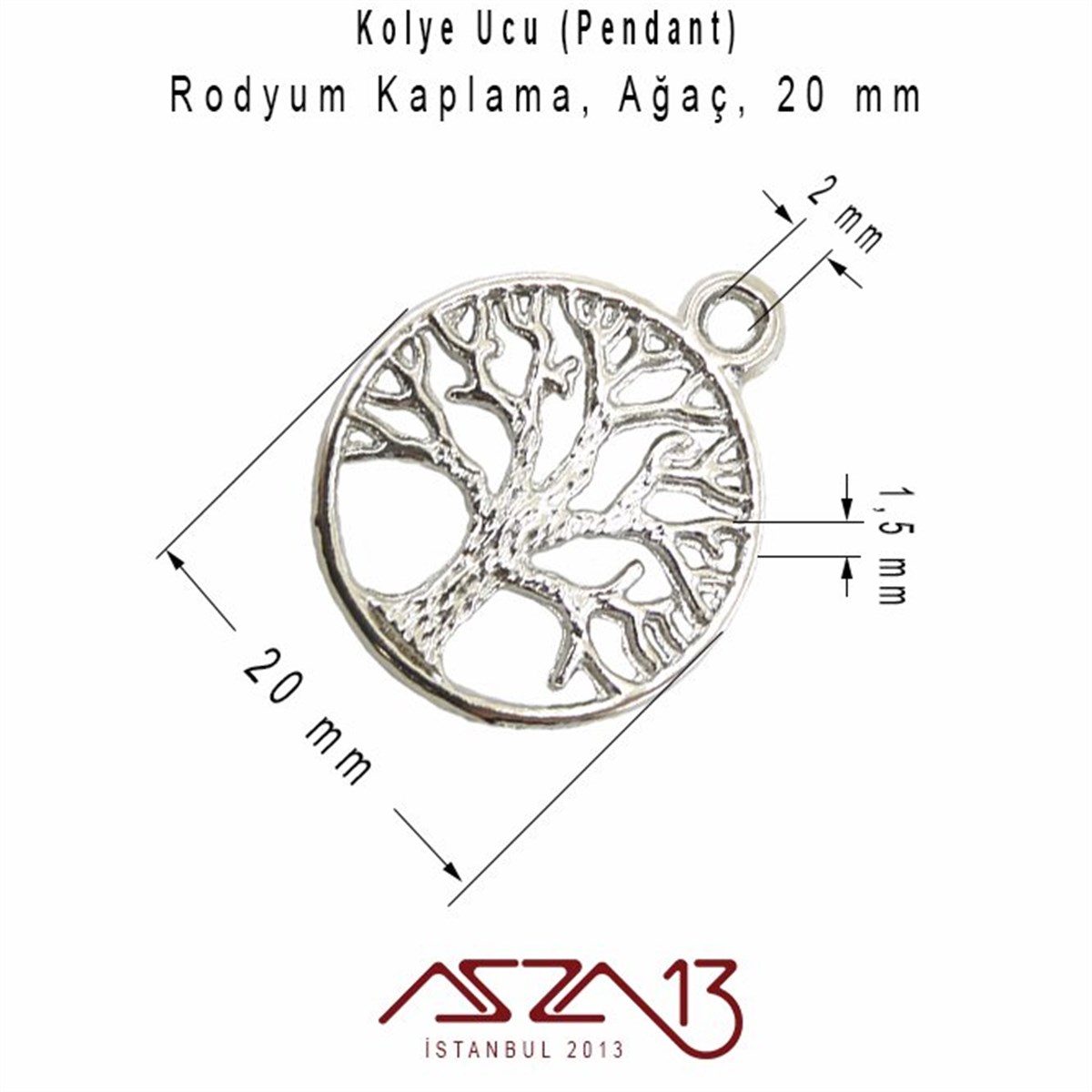 Gümüş, 20 mm Ağaç  Kolye Ucu / Paket İçeriği 1 Adet