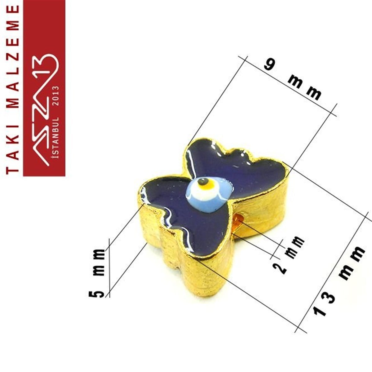 Altın Kaplamalı Kelebek 9x13 mm, Mineli Metal Boncuk Ara Malzeme / Paket İçeriği 1 Adet