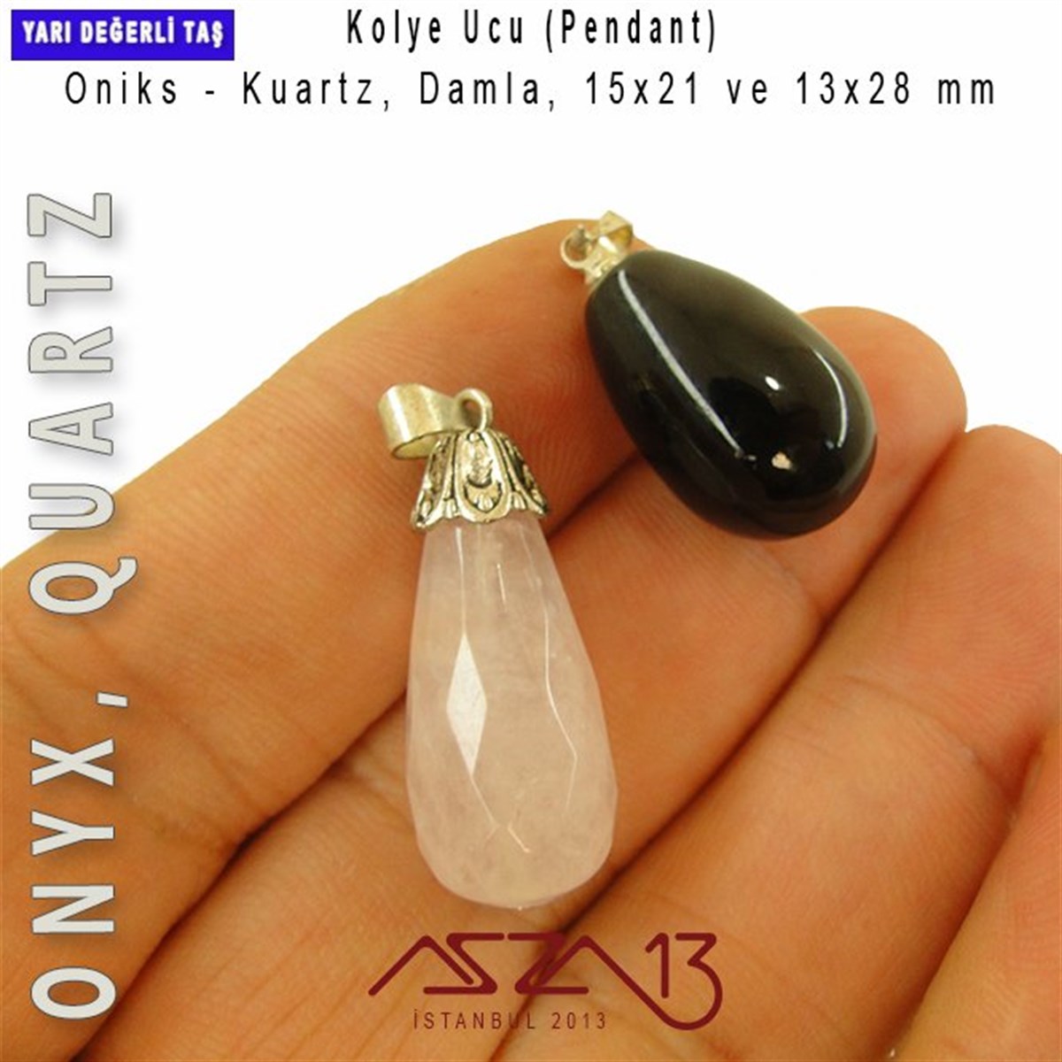Oniks ve Pembe Kuartz Damla Kolye Ucu / Paket İçeriği 1 Adet