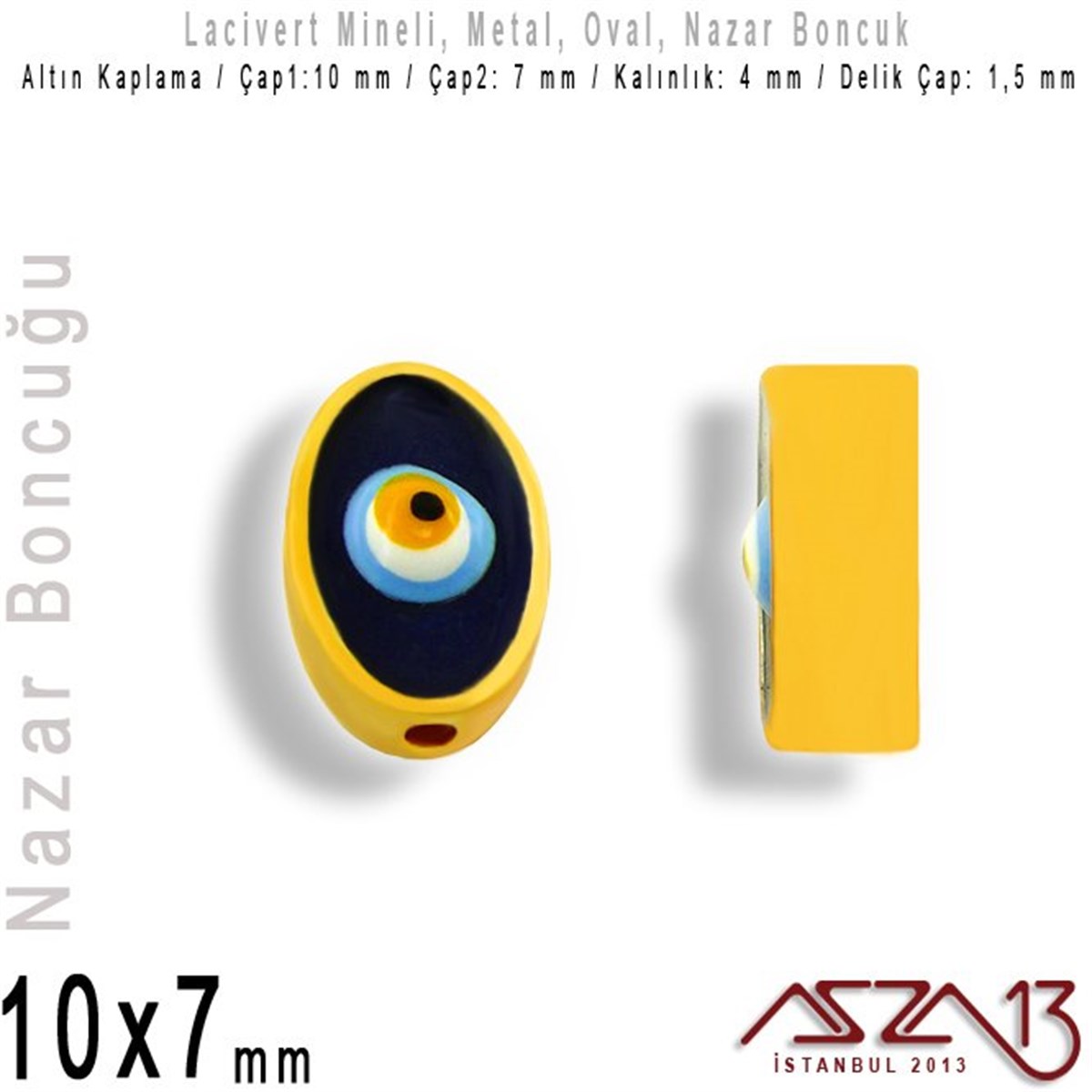 Altın Kaplamalı Oval 7x10 mm, Mineli Metal Boncuk Ara Malzeme / Paket İçeriği 1 Adet
