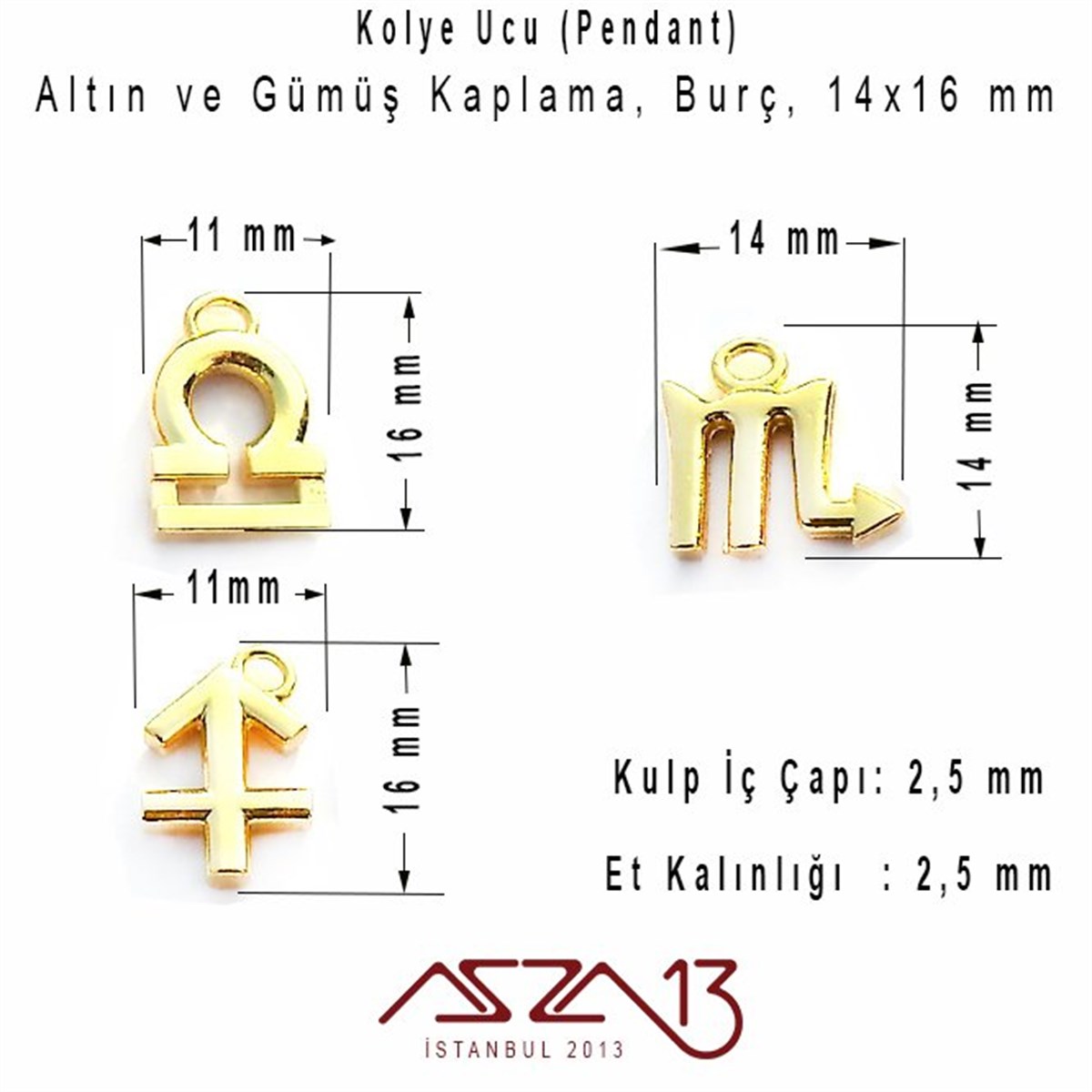Rodyum ve 18K Altın Kaplama Terazi-Akrep-Yay Burç Kolye Ucu / Paket İçeriği 1 Adet