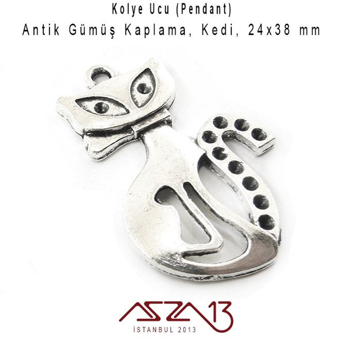 Antik Gümüş, 24x38 mm Kedi  Kolye Ucu / Paket İçeriği 1 Adet