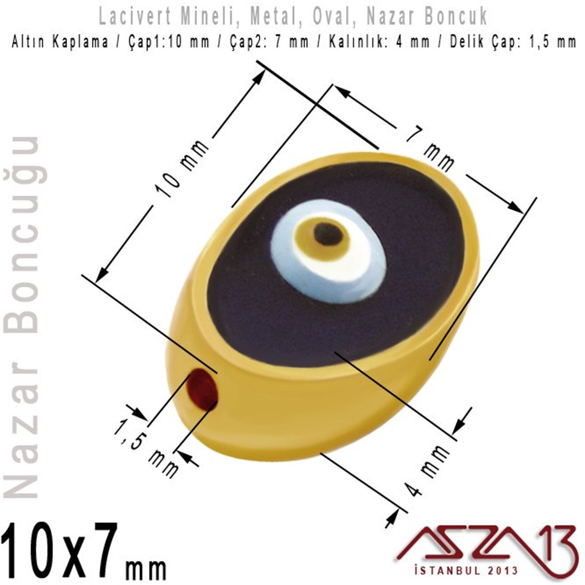Altın Kaplamalı Oval 7x10 mm, Mineli Metal Boncuk Ara Malzeme / Paket İçeriği 1 Adet