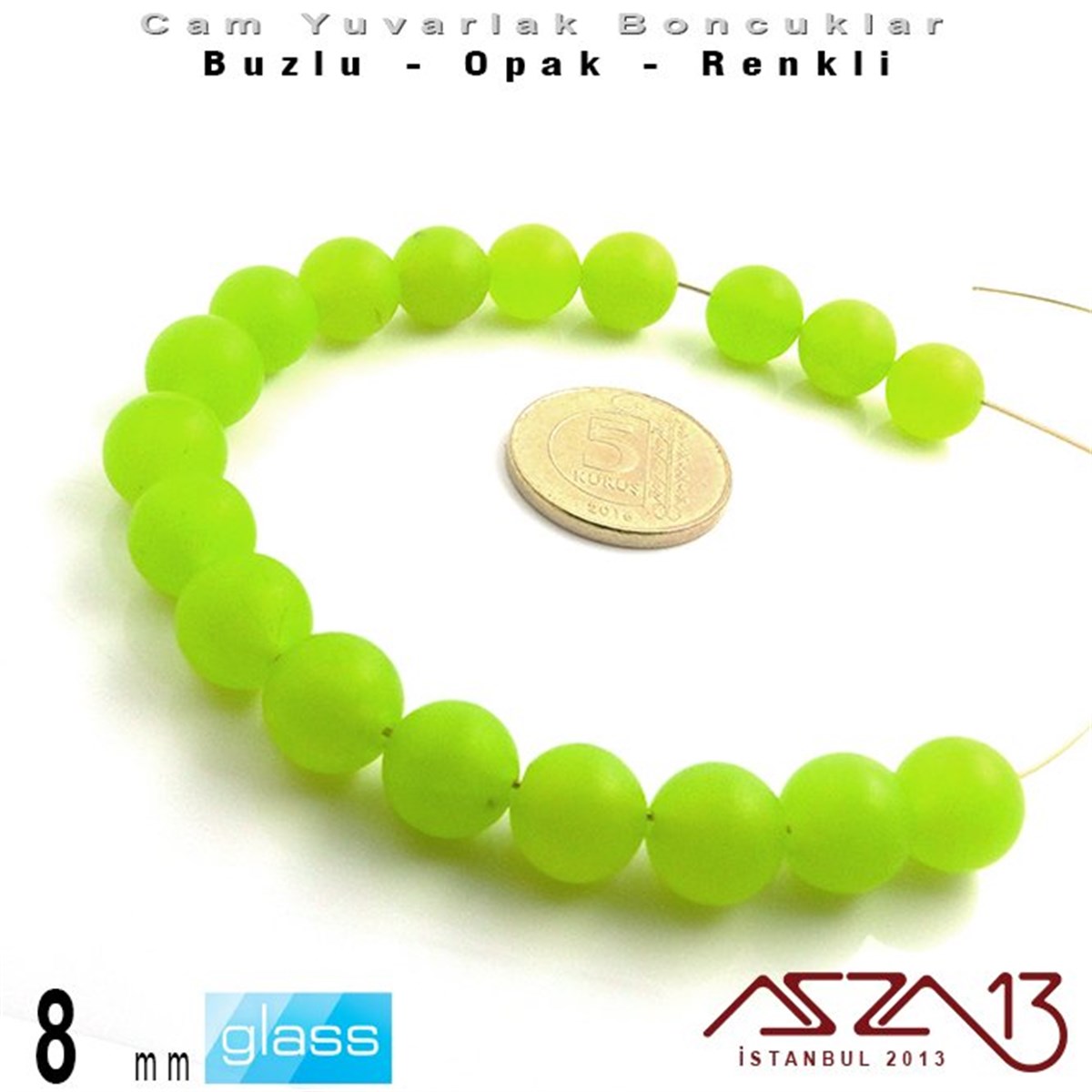 Yuvarlak - 8 mm - Neon Yeşil - Opak - Buzlu Yüzey - Cam Boncuk / 30 Adet