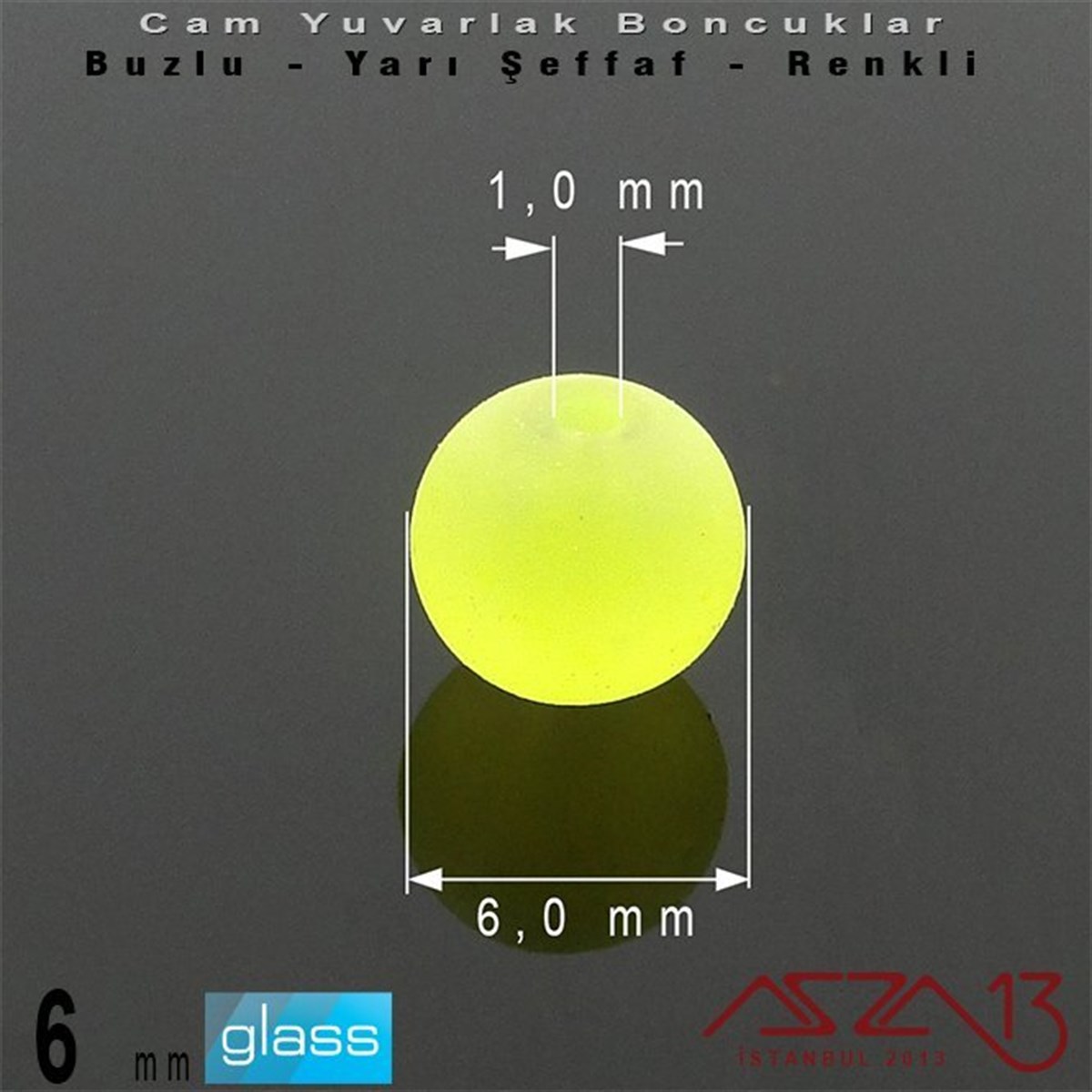 Yuvarlak - 6 mm - Neon Sarı - Yarı Şeffaf - Buzlu Yüzey - Cam Boncuk / 40 Adet