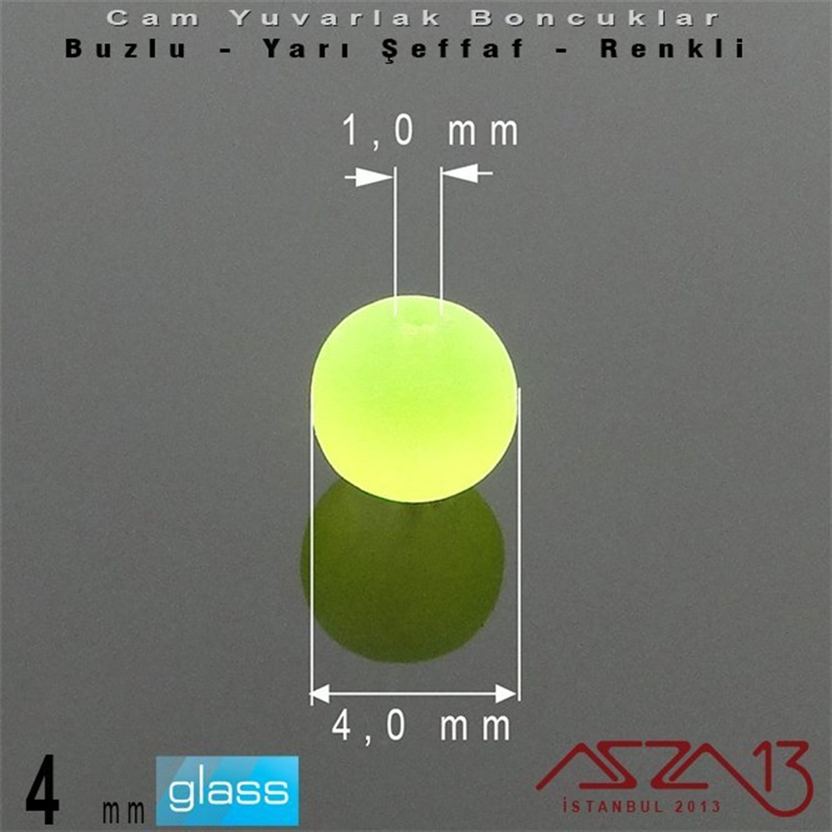 Yuvarlak - 4 mm - Neon Yeşil - Yarı Şeffaf - Buzlu Yüzey - Cam Boncuk / 50 Adet