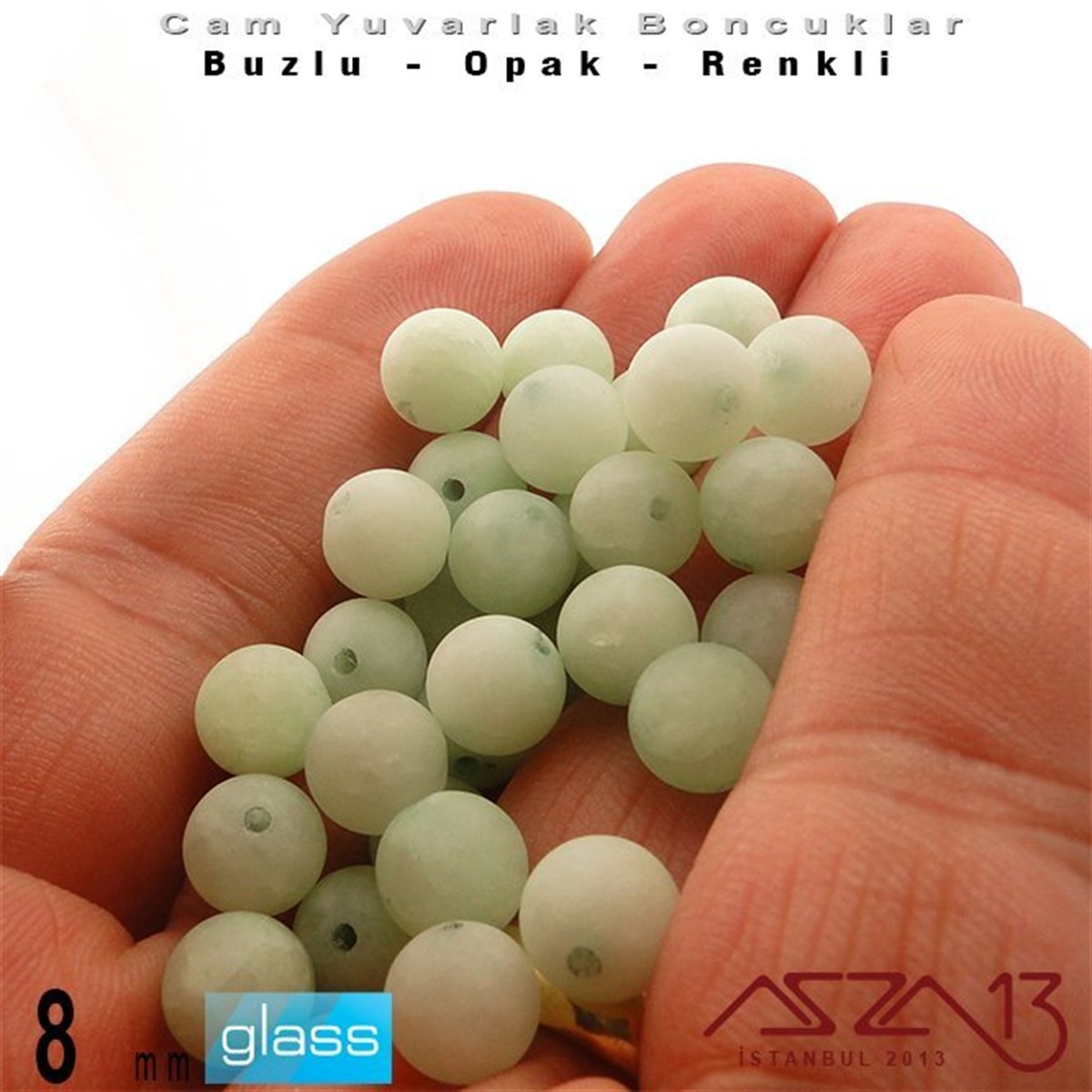 Yuvarlak - 8 mm - Neon Çağla Yeşili - Opak - Buzlu Yüzey - Cam Boncuk / 30 Adet